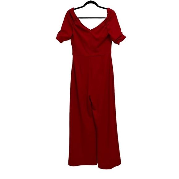 Badgley Mischka Belle Mia Red Ruched Crossover Neckline Wide Leg Jumpsui… - Picture 5 of 7
